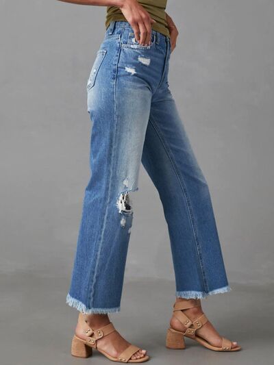 Distressed Raw Hem Jeans with Pockets